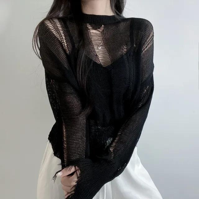 *당일출고*[모델강추/유니크!] 그물망 데미지 크롭 니트 2color