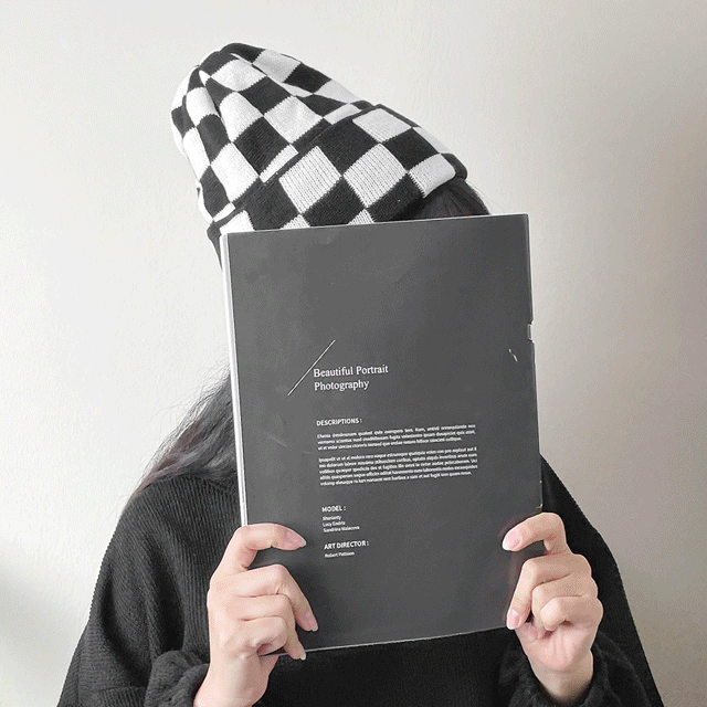 체커보드 체크 남녀공용 롱 숏 비니 모자