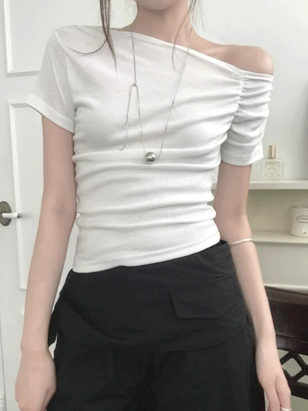 [잘록 여리핏🤍] HALF SHIRRING SHOULDER TEE (3color)