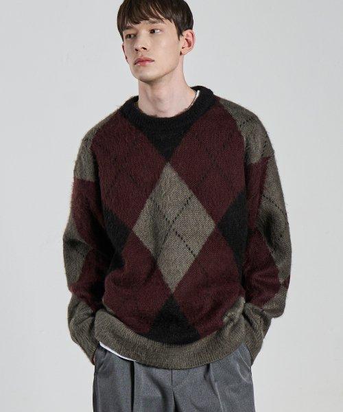 벌키 브러쉬 오버 아가일 니트 스웨터 (PURPLE)