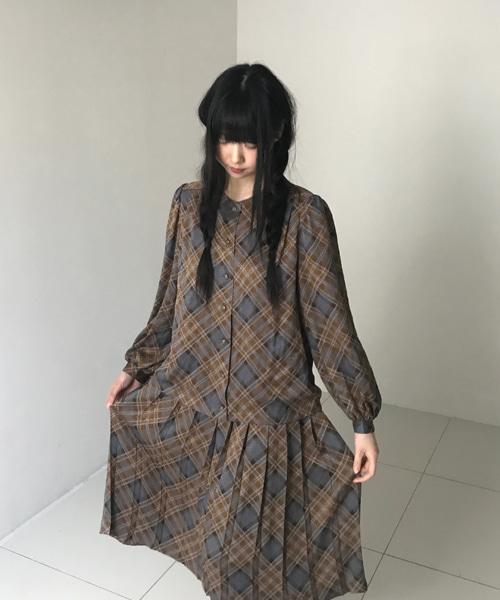 (Vintage)Check Shirts Pleats Skirt Dress