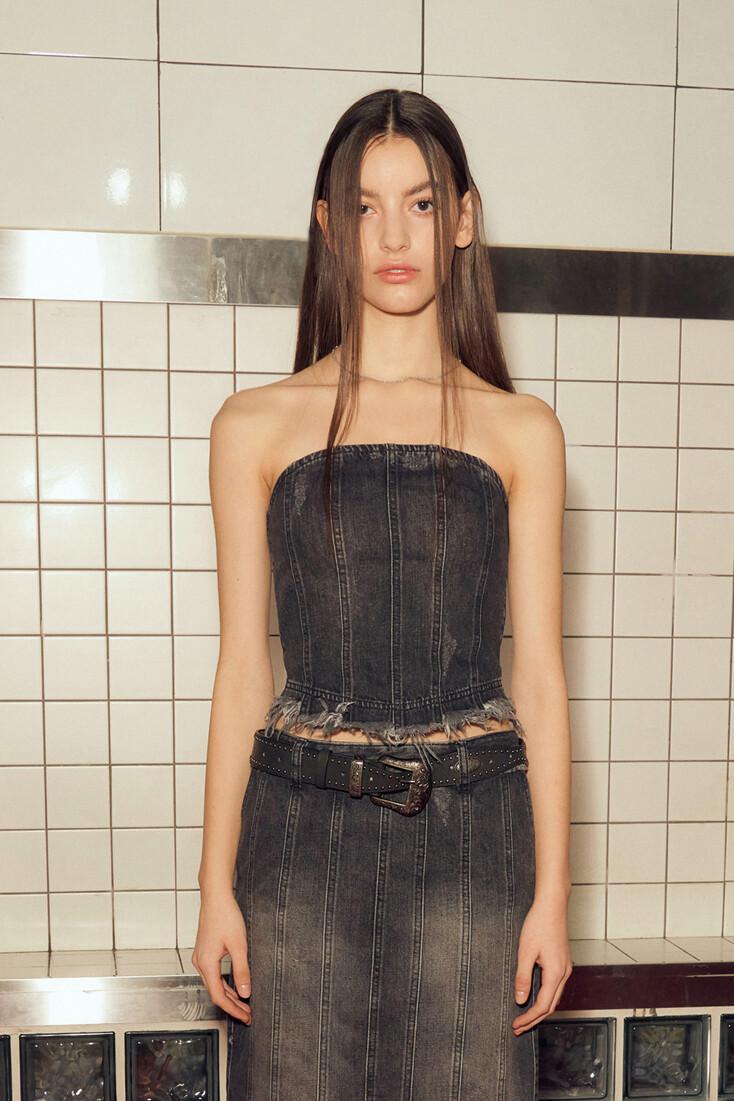 [블랙핑크 지수 착용] DENIM PANELLED TUBE TOP (BLACK)