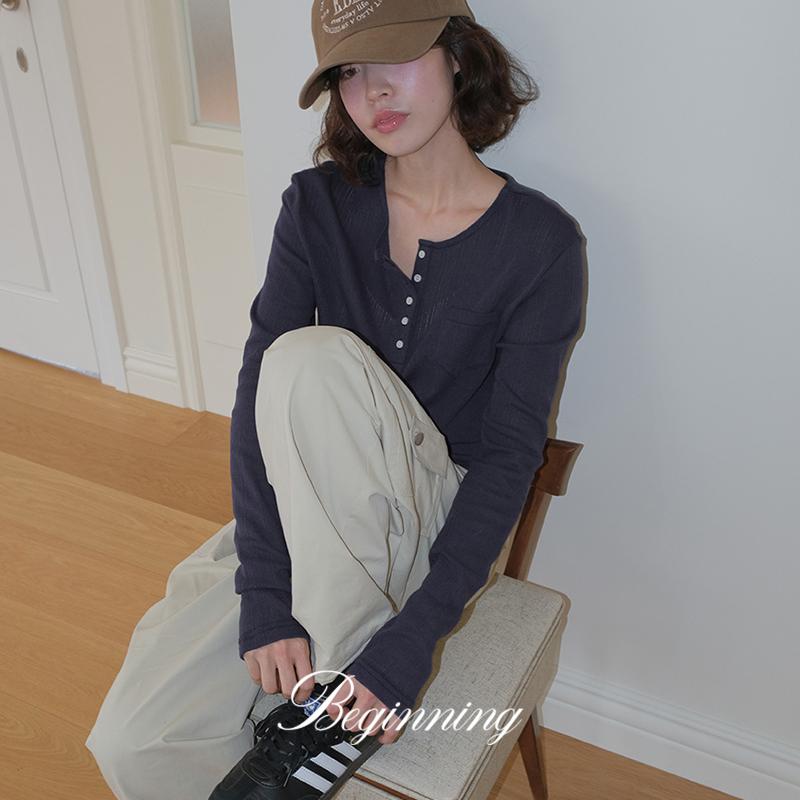 프롬비기닝 [오늘배송][MADE]아일렛 헨리넥 티셔츠 (2color) (롱슬리브 티셔츠 긴팔 긴팔티 긴팔티셔츠 슬림핏 헨리넥긴팔 롱슬리브티 카라니트 가을)
