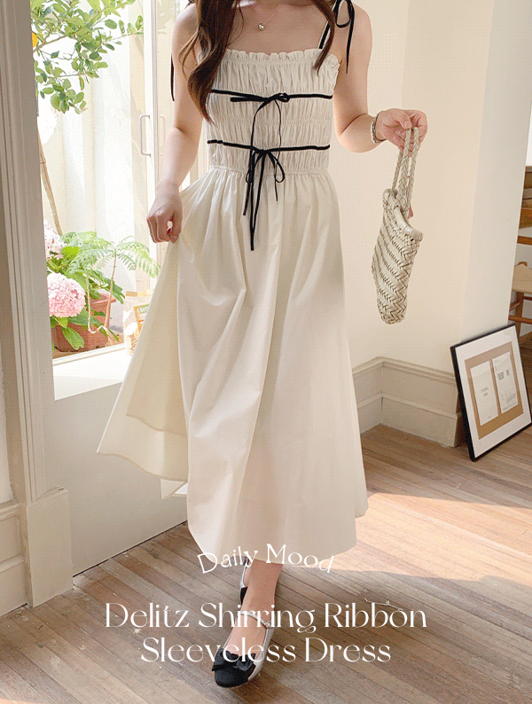 [여름여행🛫] 델리츠 셔링 리본 나시 원피스 OPS2110여름 민소매 슬리브리스 롱 플레어 플리츠 배색 스트링 스모크 롱 여행 휴가룩 휴양지룩 바캉스룩 스윔룩