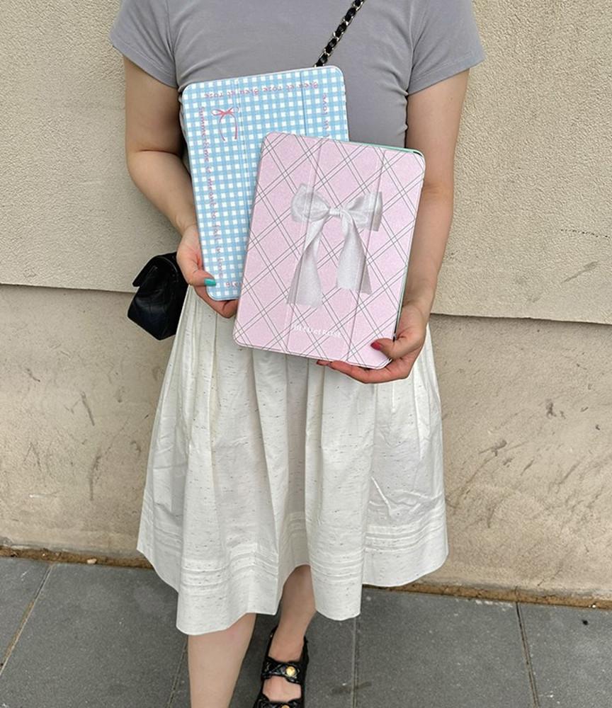 수심 Ribbon Ipad Case 리본 아이패드 케이스 핑크 블루 펜슬 수납 유니크
