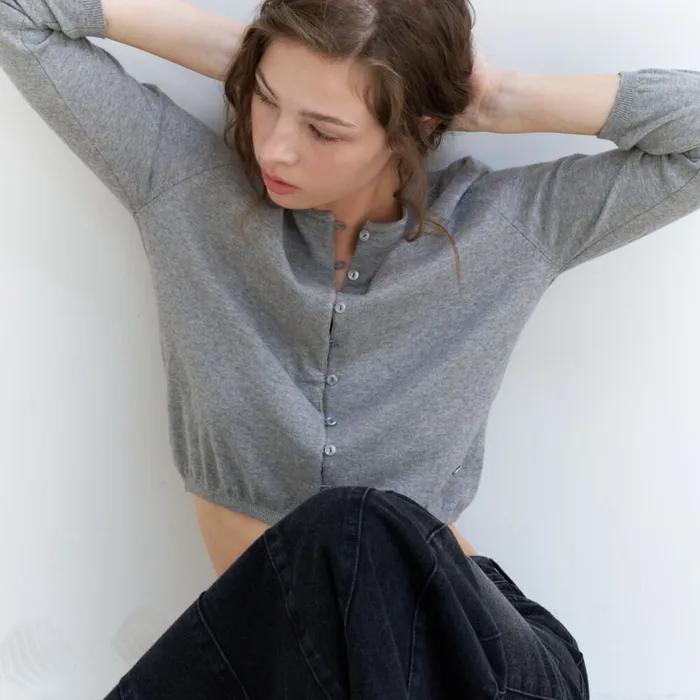 CASHMERE PETITE CARDIGAN / MELANGE GREY