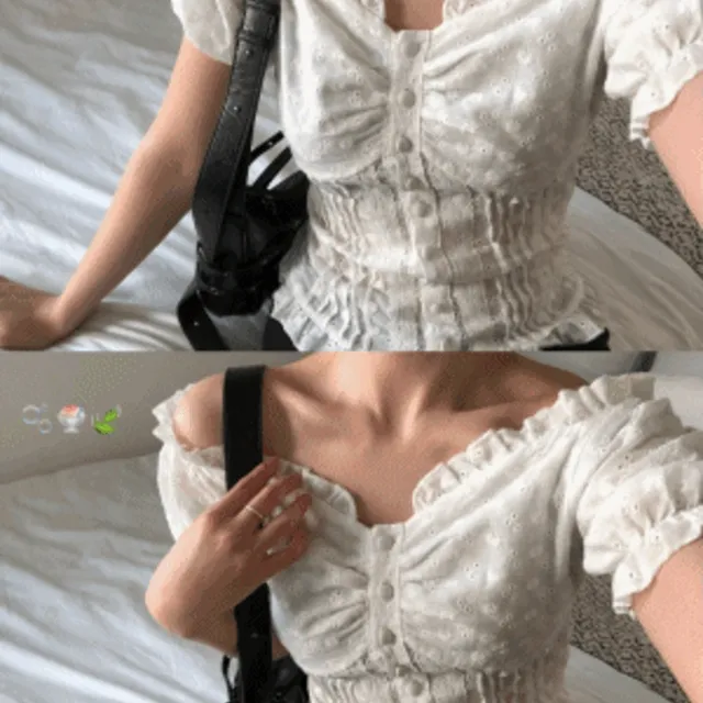 [핀터무드♥/핏보장] 레터 레이스 펀칭 블라우스 오프숄더 브이넥 콩단추 투웨이 증명사진옷 (1col)