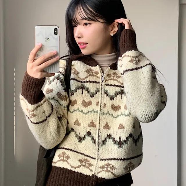 [크리스마스 추천!/품질최고!]노르딕 배색 카라 하트 니트 집업