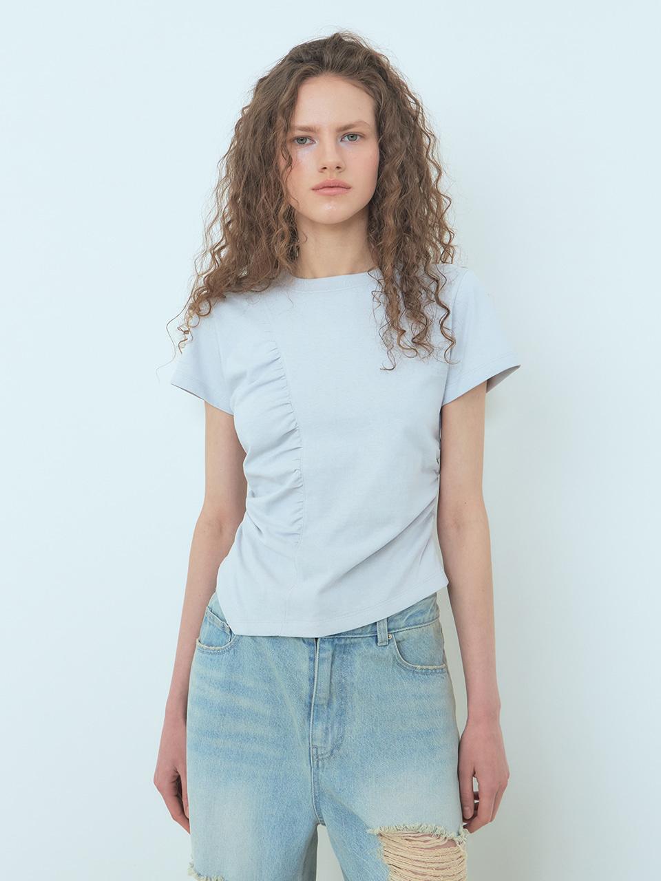 Curved Shirring T-Shirt, Blue Grey