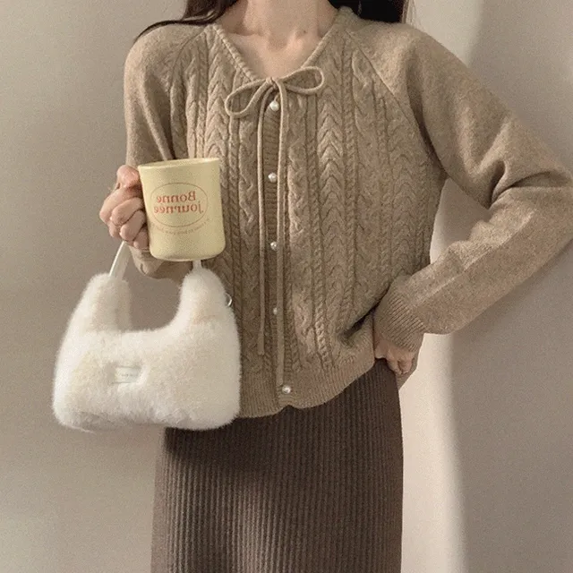 이브 울 꽈배기 진주 리본 니트 볼레로 가디건