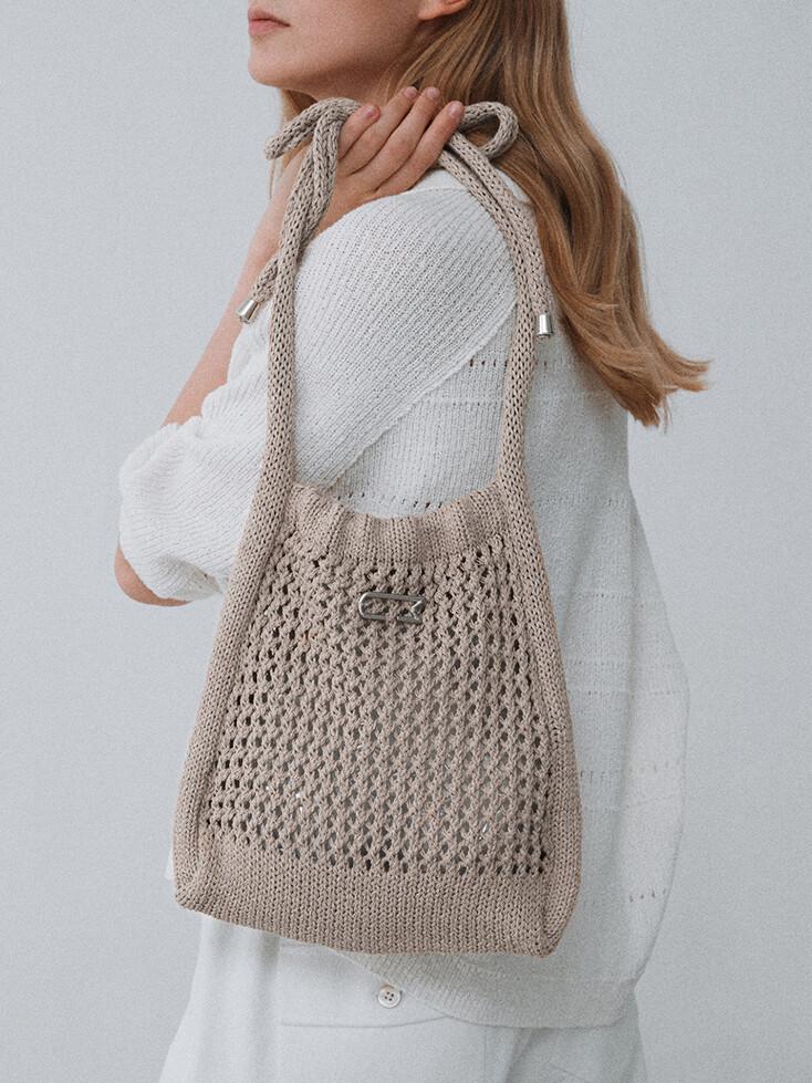 Paper yarn crochet bucket bag_Stone