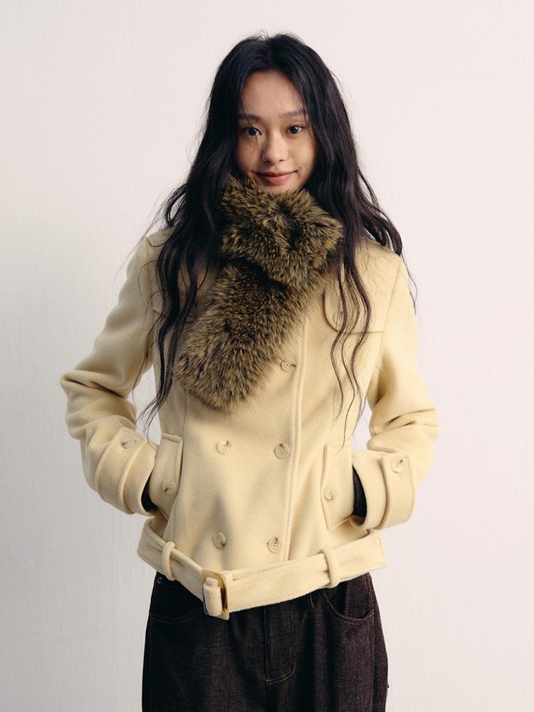 Lvetong Double-breasted belt buckle short wool coat