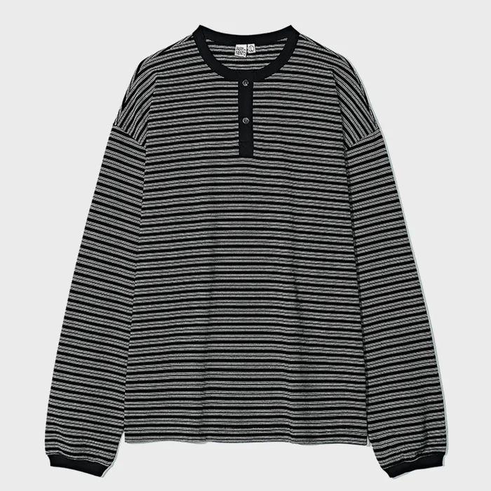 Henley Neck Stripe Long Sleeve Black