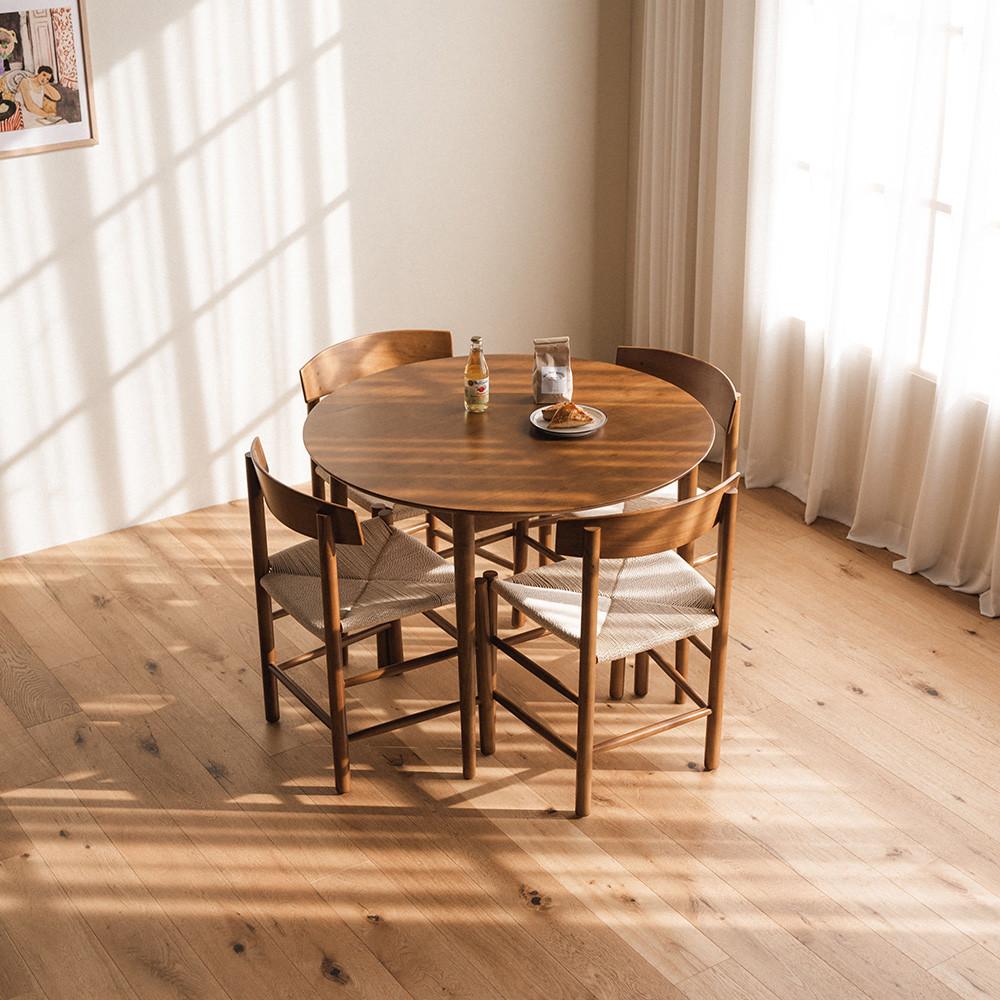 [희망일배송] 버킨 월넛 인테리어 원목 원형 4인 식탁세트 (의자4)