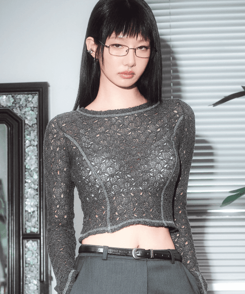 슬림 스티치 크롭 니트 [차콜]