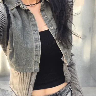 배색 데님 니트 단추 가디건 (1color)