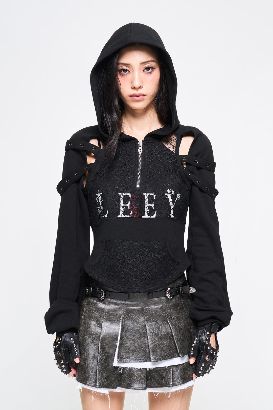MESHED SLIT HOODIE TOP BLACK