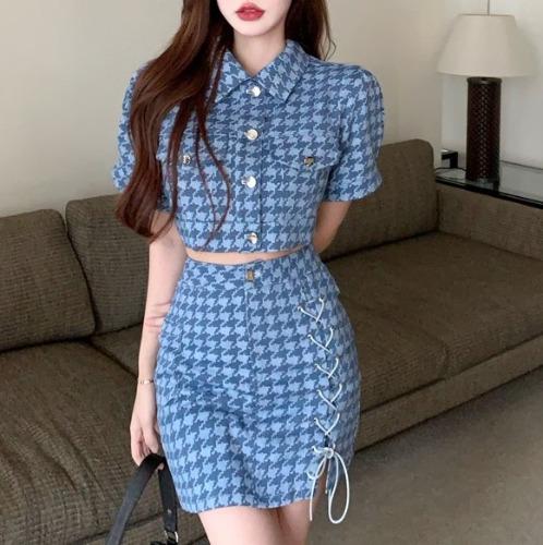 [데님세트/투피스세트/여름신상] 하운드투스 실버버튼 카라 퍼프 반팔 크롭 자켓 여름자켓 데님자켓 크로스 리본끈 H라인 하이웨스트 미니스커트 데님스커트 투피스 셋업 세트 봄신상 데이트룩 여친룩 상견례 하객룩 결혼식 피크닉