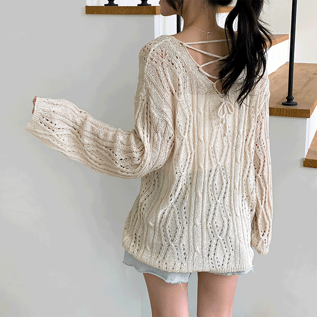 [루즈핏/살안타템] 사일러 빈티지 시스루 브이넥 펀칭 여름 시스루 백리본 그물 오버핏 긴팔 니트