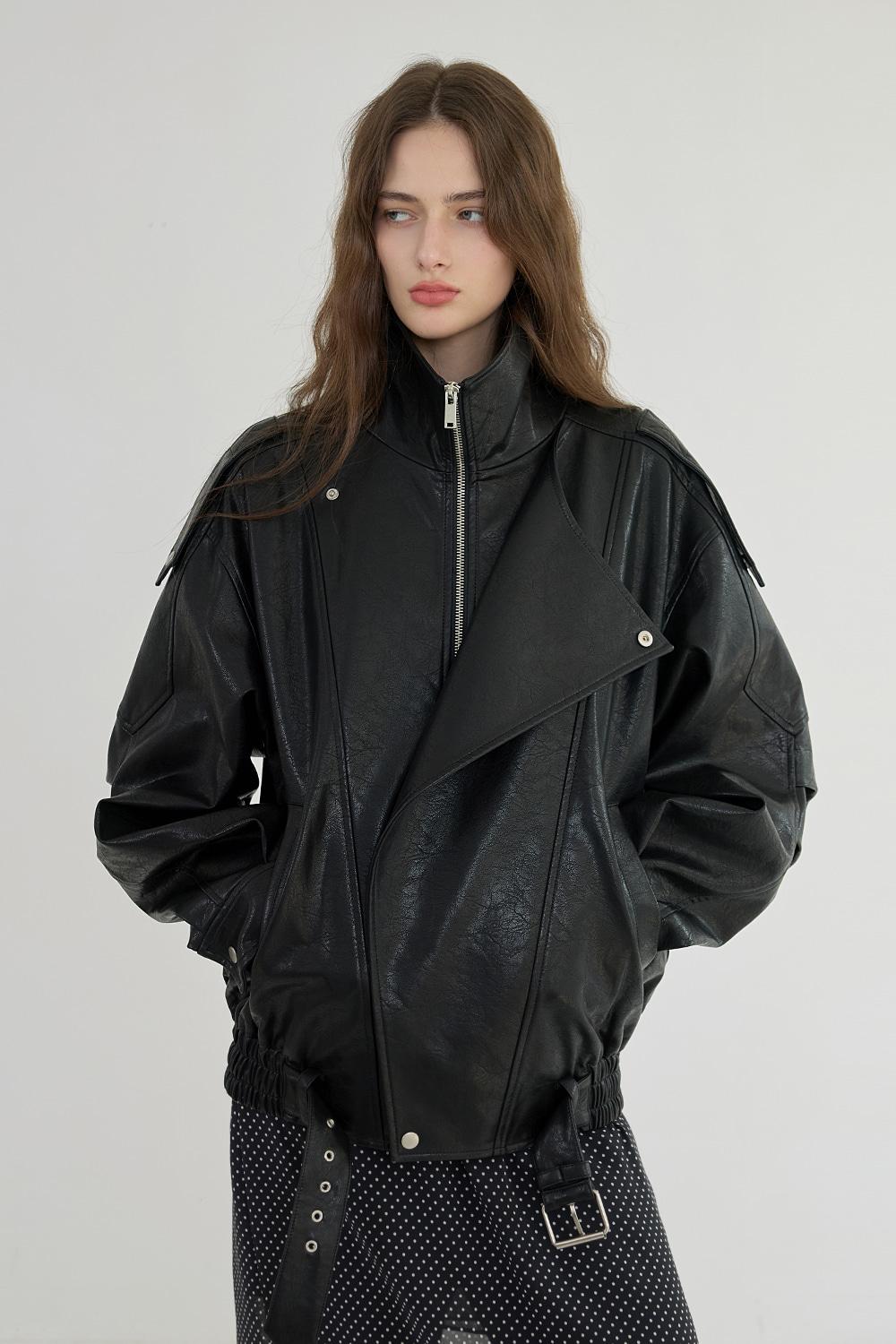 Trim Oversized Leather Jacket - BLACK