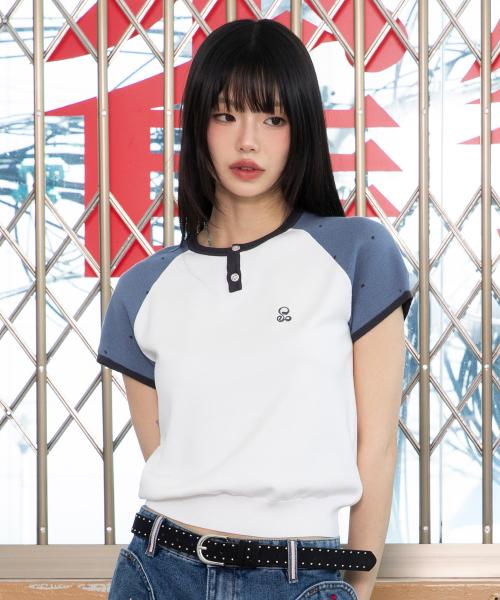 WXK019 도트 래글런 배색 반팔 니트 (WHITE)