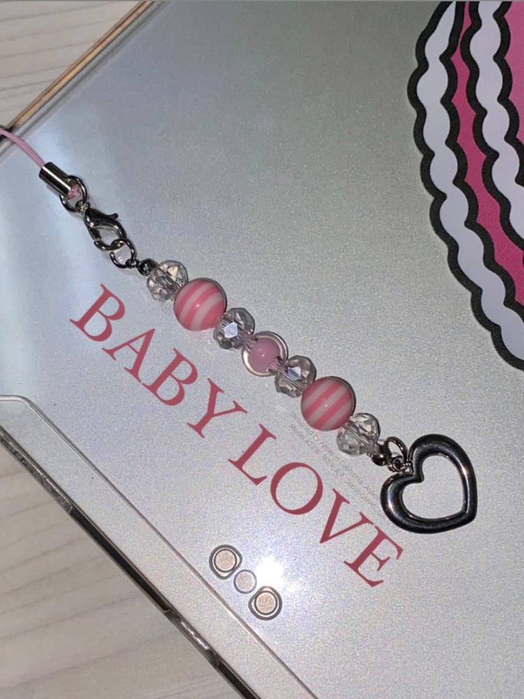 MADE babylove / 비즈키링 핑크 하트 써지컬 크리스탈 휴대폰고리 휴대폰줄 백참