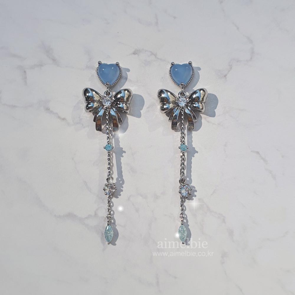 Dreamy Ribbon and Heart 하늘 하트 원석 리본 드롭 귀걸이