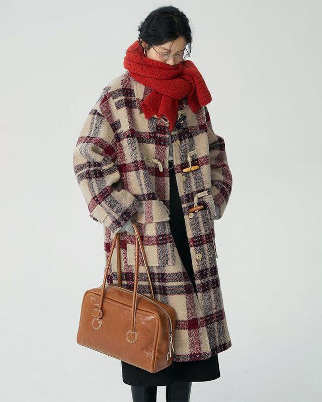 OMONT 오버사이즈 체크 더플코트 (베이지)