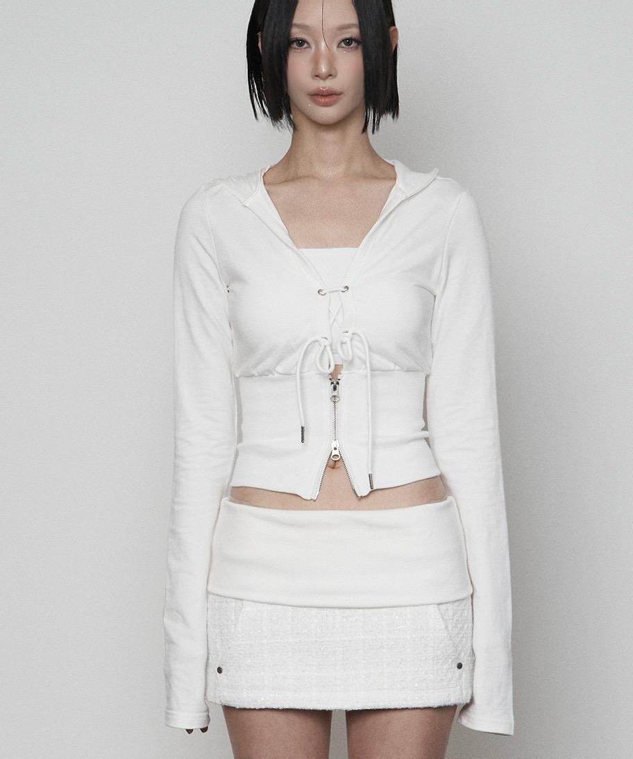V-neck Corset Ribbed Hoodie zip-up (WHITE)
