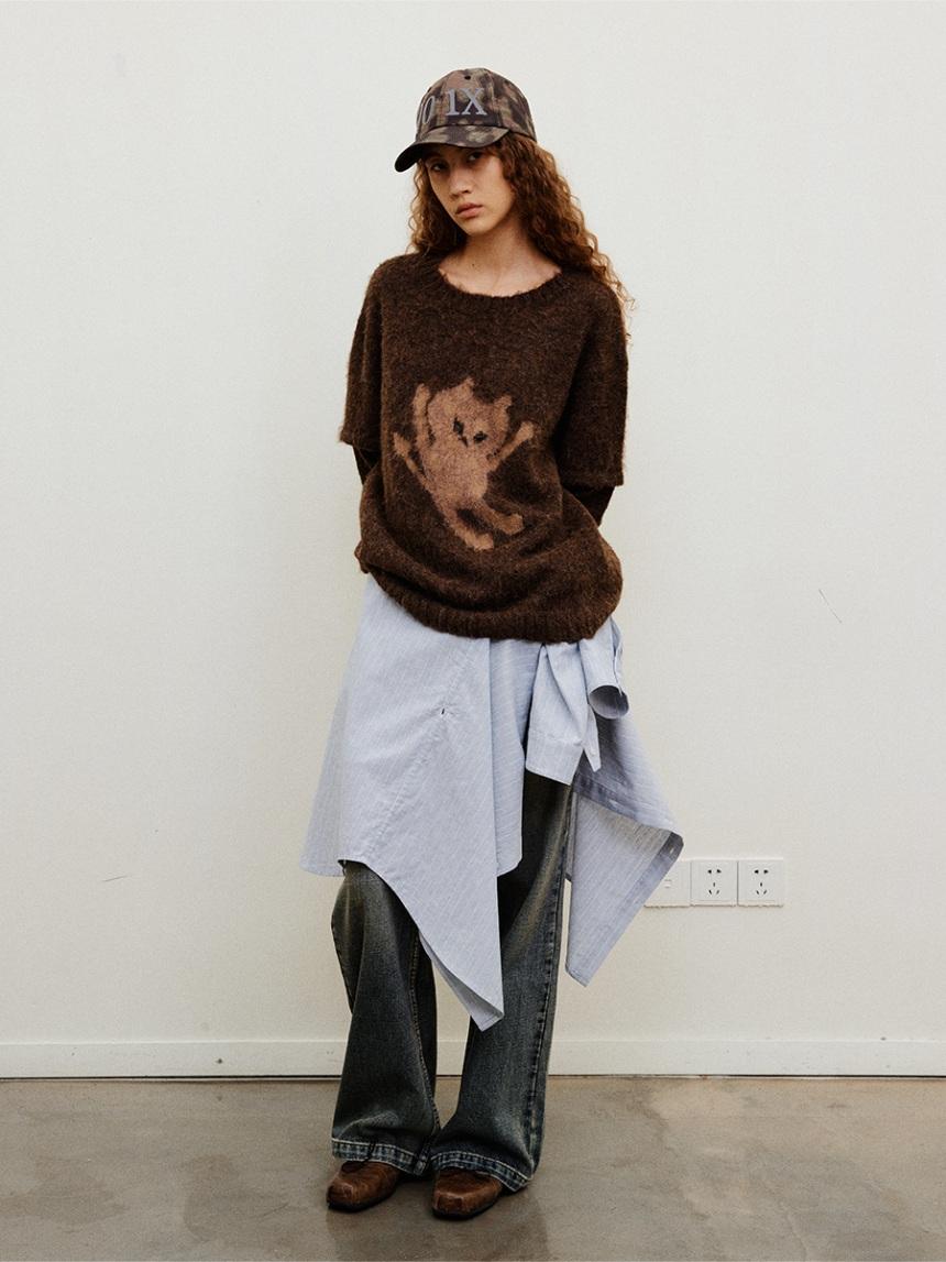 NEVERSEEZ Furry Kitten Jacquard Patchwork Sweater