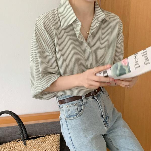 오브디 롤업 스트라이프 반팔셔츠