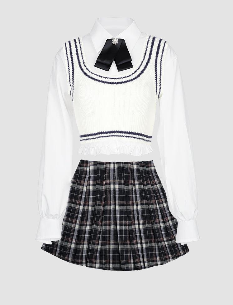 White Knit Tank Top&Lace Pleated Crop Blouse&Plaid Pleated Skirt Three-piece Set - S / White