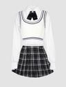 White Knit Tank Top&Lace Pleated Crop Blouse&Plaid Pleated Skirt Three-piece Set - S / White