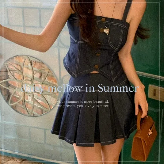 [ 2wayდ 데이트룩 ] 24ss 츄 데님 레이어드 셋업 미니원피스 ops y2k 청 투피스 여행룩