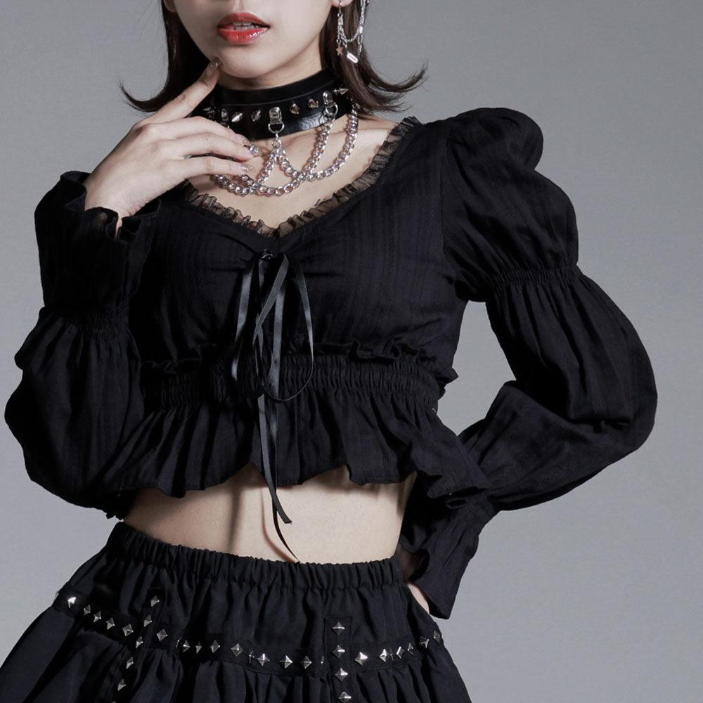 ウエストシェイプストライプ柄トップス【大きいサイズ有】 - ブラック / S