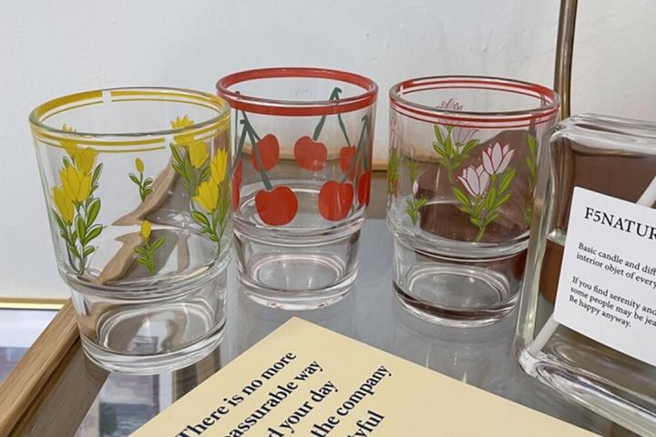 앙증 빈티지 유리컵 360ml 내열유리 체리 플라워 보리차컵