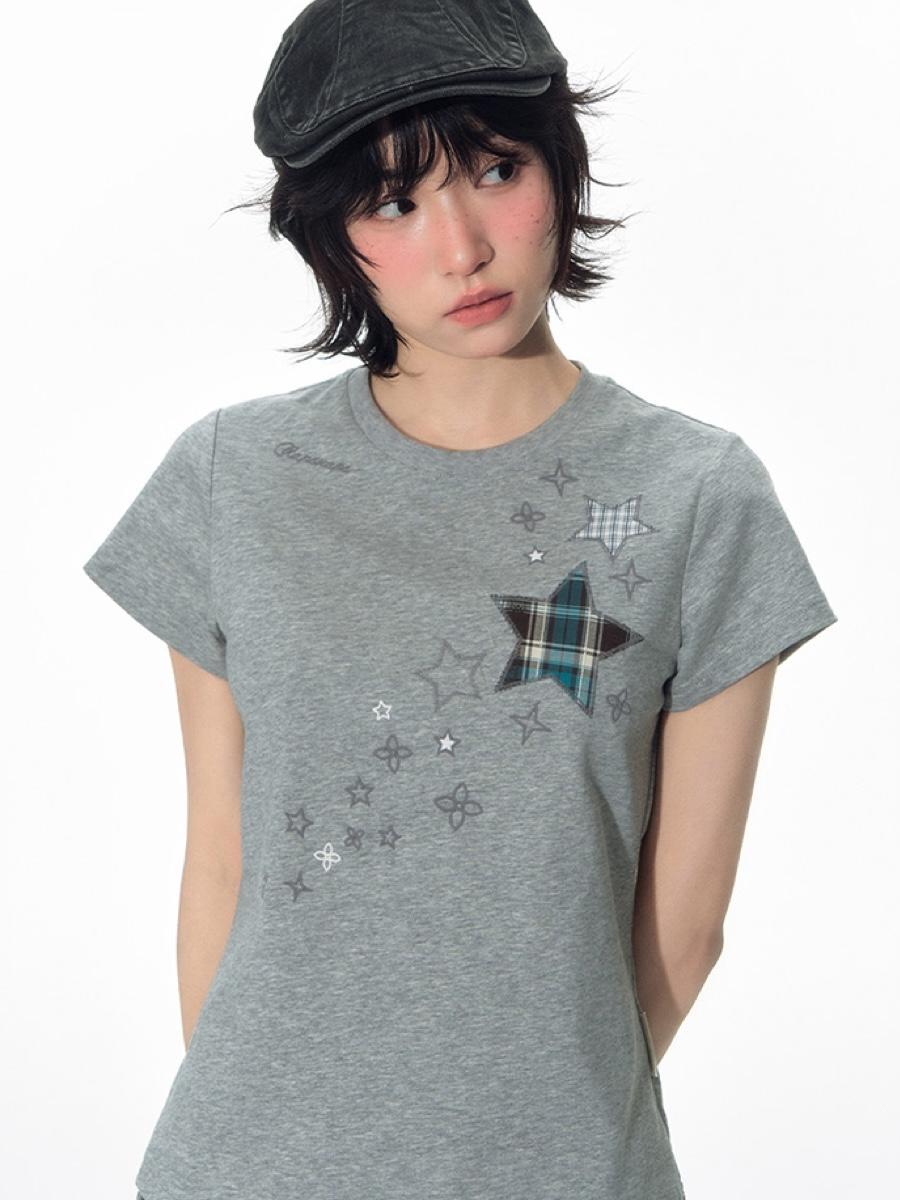 TAKEANAP Plaid Galaxy Patch T-shirt (2color)