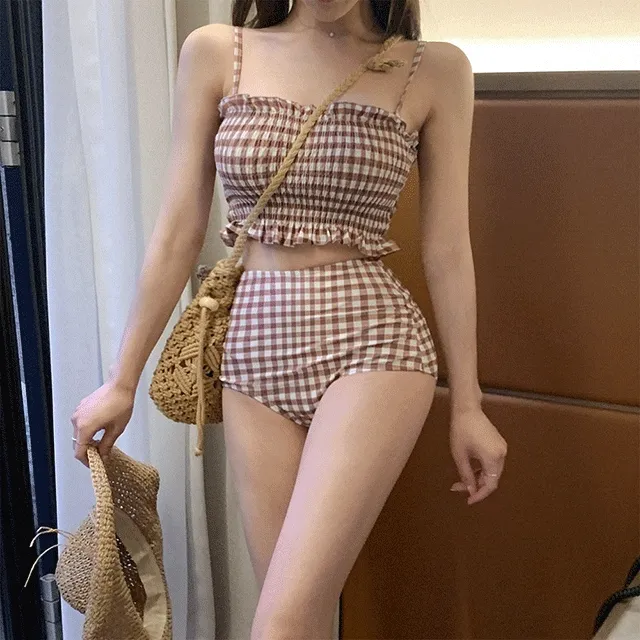 체크블리 비키니/호캉스 체크 스모크 밴딩 나시 크롭탑 하이웨스트 팬티 투피스 수영복 리조트 휴양지 브라운