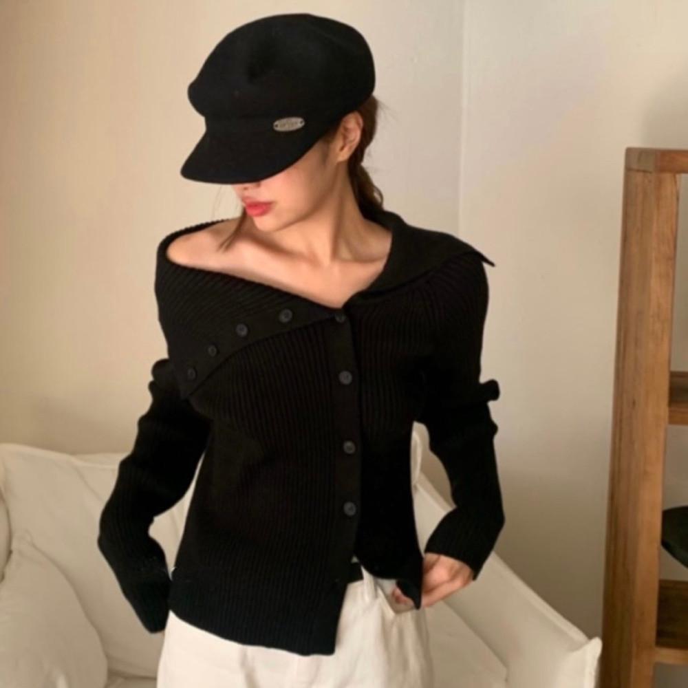 리버티 골지 버튼 오프 가디건