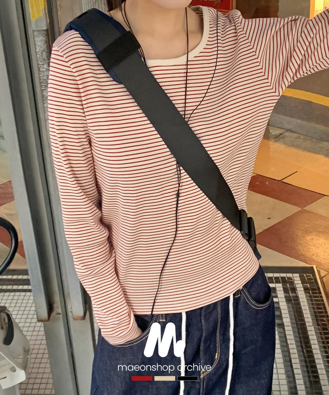 마이온샵 [단독][캐주얼무드🌷/기본템] #MADE 르바나 스트라이프 골지 긴팔티셔츠 (44~88) (단가라-배색라운드넥-레이어드-장마템-골지티셔츠-라운드넥티셔츠-루즈핏-간절기-봄티셔츠)