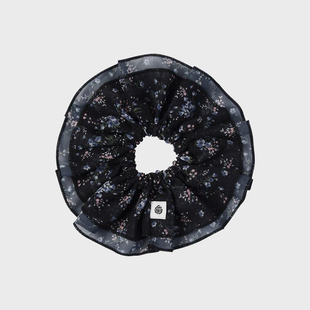 FLORAL CHIFFON FRILL SCRUNCHIE (BLACK)