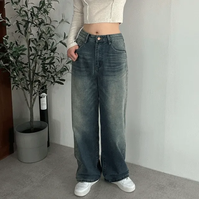 핏보장/ 니온 워싱 중청 워싱 롱 데님 팬츠 [1color]