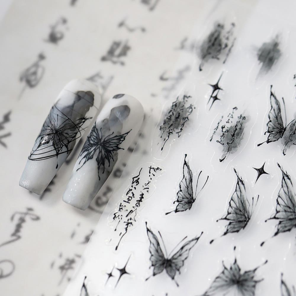 한문 한자 레터링 먹물틴트 나비 네일스티커