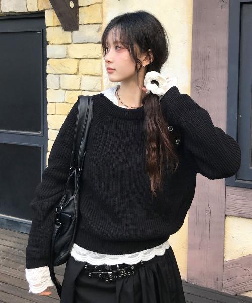 숄더 크로스 버튼 래글런 니트_블랙