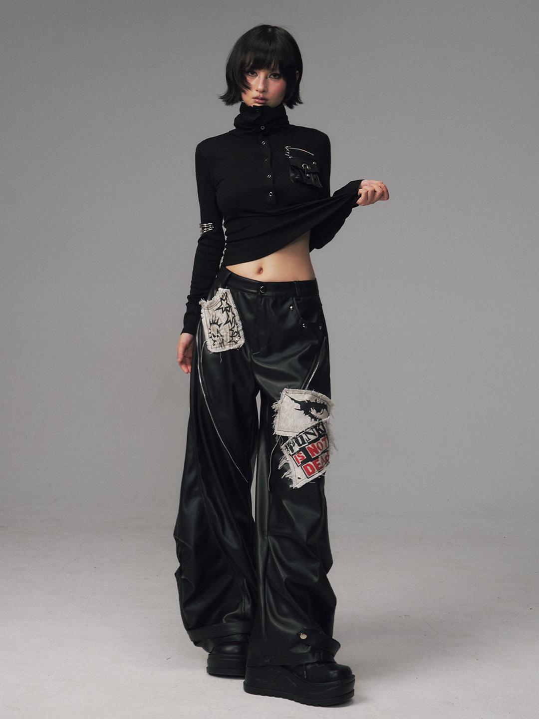 Lost Back Garden Street Punk Print Patch Leather Pants