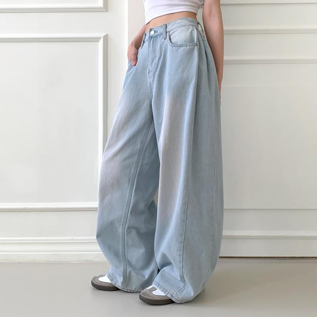 조이조이 [2단기장/벌룬핏🎈] 나루미 빈티지 워싱 사이드 핀턱 청바지 폴딩 코튼 힙 와이드 롱 데님 팬츠