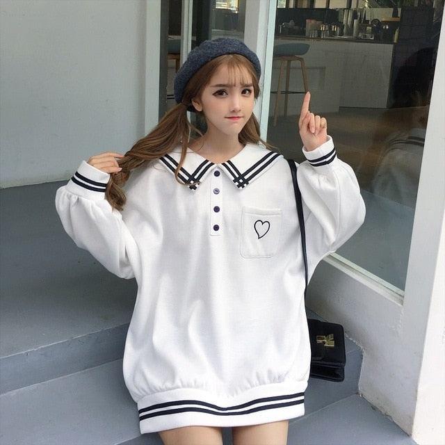 Plus Size Harajuku Japanese Kawaii Fashion Long Sleeve Heart Polo (3 Colors) - White