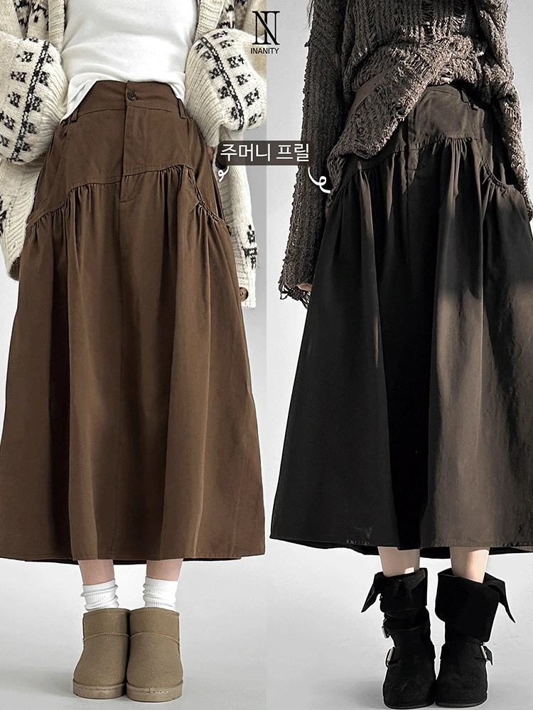 당일출고🚀[25FW🍂코튼100%] 프릴 주머니 코튼 밴딩 플레어 벌룬 롱 스커트 4color