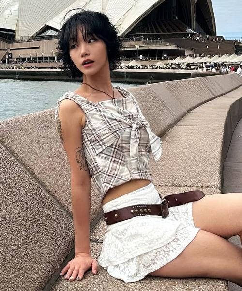 체크 리본 슬리브리스 (Brown)