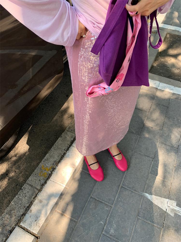 H라인 핑크 스팽글 스커트